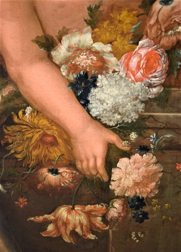 Natura Morta di fiori con Putto e Fontana